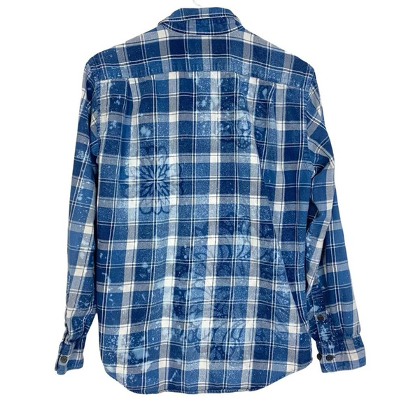 Handmade Boho Flannel Shirt Womens Small Denim Chambray Stencil Bleached Plaid - Picture 2 of 10
